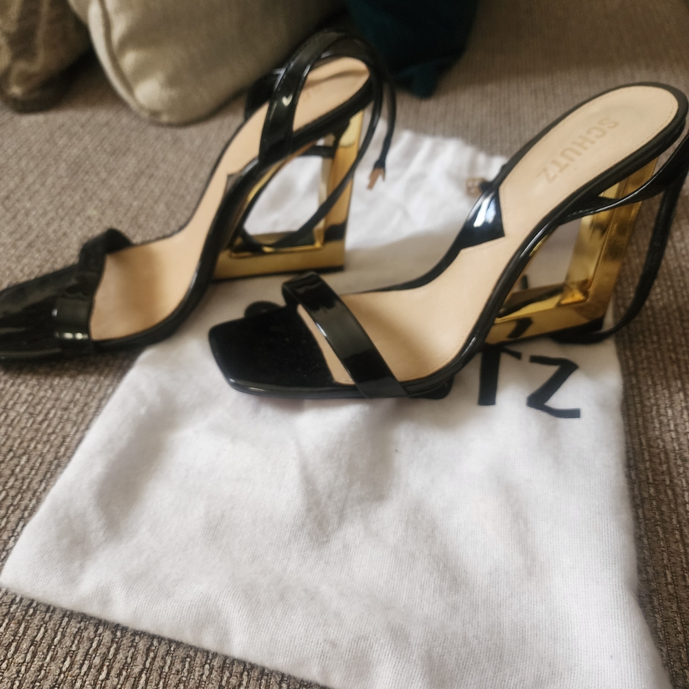 Schutz Women's Black Patent Strappy Block Heel Sandals